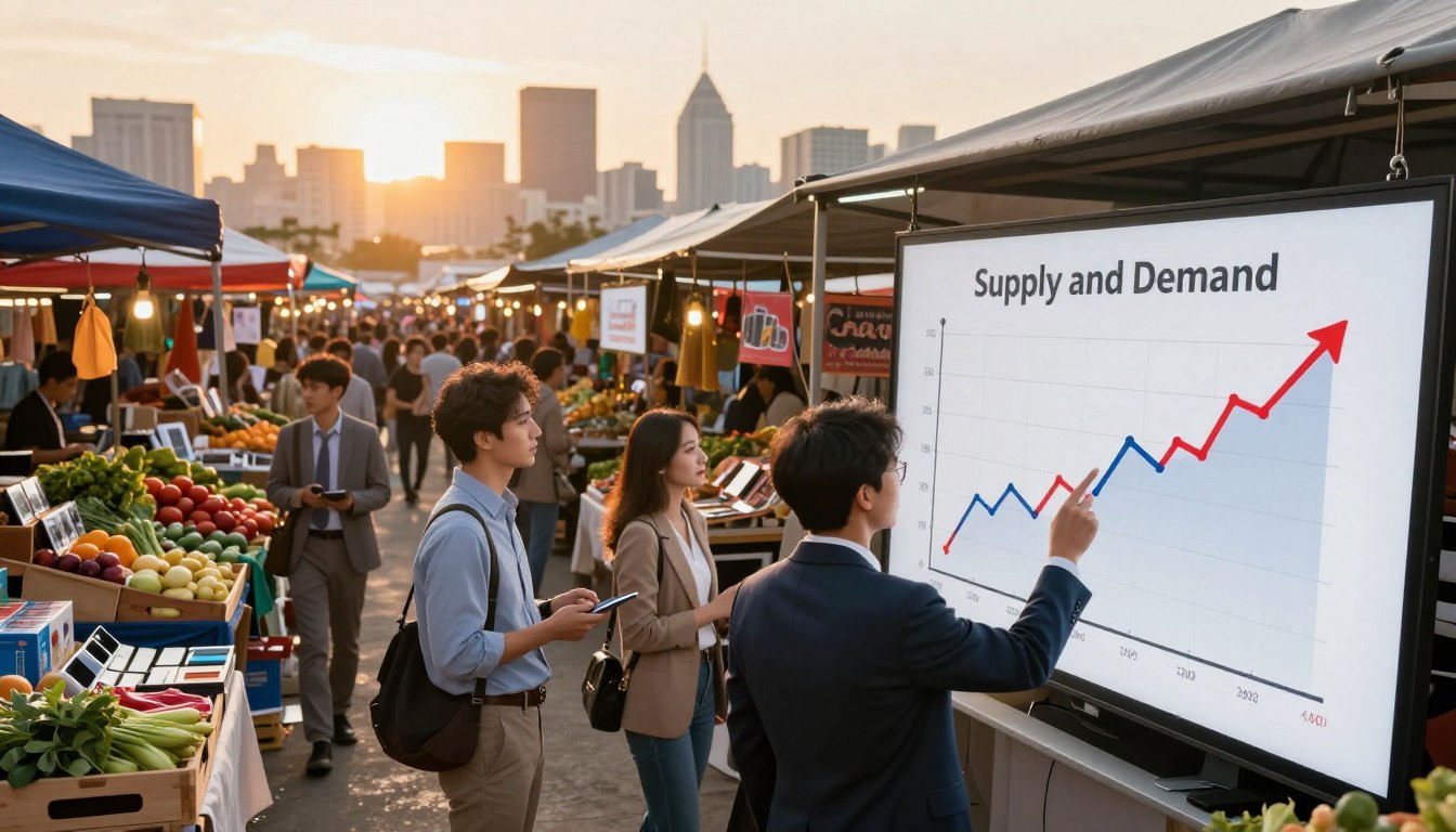 A bustling market scene illustrating the concept of supply and demand. In the foreground, diverse business professionals in smart attire examine a large graph representing fluctuating market trends, with arrows signaling growth and decline. The middle layer features vibrant stalls showcasing various products, like fresh produce and electronics, with customers engaging in lively discussions. In the background, a city skyline outlines the economic landscape, with a sun setting, casting warm golden light over the scene, creating an inviting atmosphere. Use a wide-angle lens to capture the depth of the market, emphasizing the interaction between buyers and sellers. The mood is dynamic and engaging, reflecting the vitality of market forces at work.