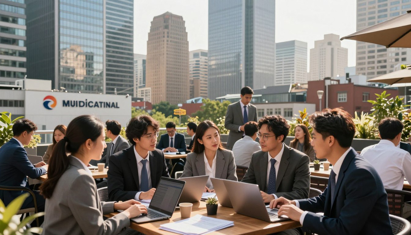 A bustling urban landscape showcasing the impact of globalization on local job markets. In the foreground, a diverse group of professionals in business attire engage in discussions, exchanging ideas and working on laptops amidst a vibrant outdoor café setting. The middle ground features a mix of multinational company logos on skyscrapers, with workers of various backgrounds collaborating in open spaces, symbolizing cultural exchange and innovation. In the background, a skyline merging traditional architecture with modern buildings reflects the integration of cultures. The scene is bathed in warm afternoon sunlight, casting soft shadows and creating an uplifting, optimistic atmosphere. Utilize a wide-angle lens to capture the dynamic interactions and architectural diversity, emphasizing the theme of globalization’s influence on local economies.