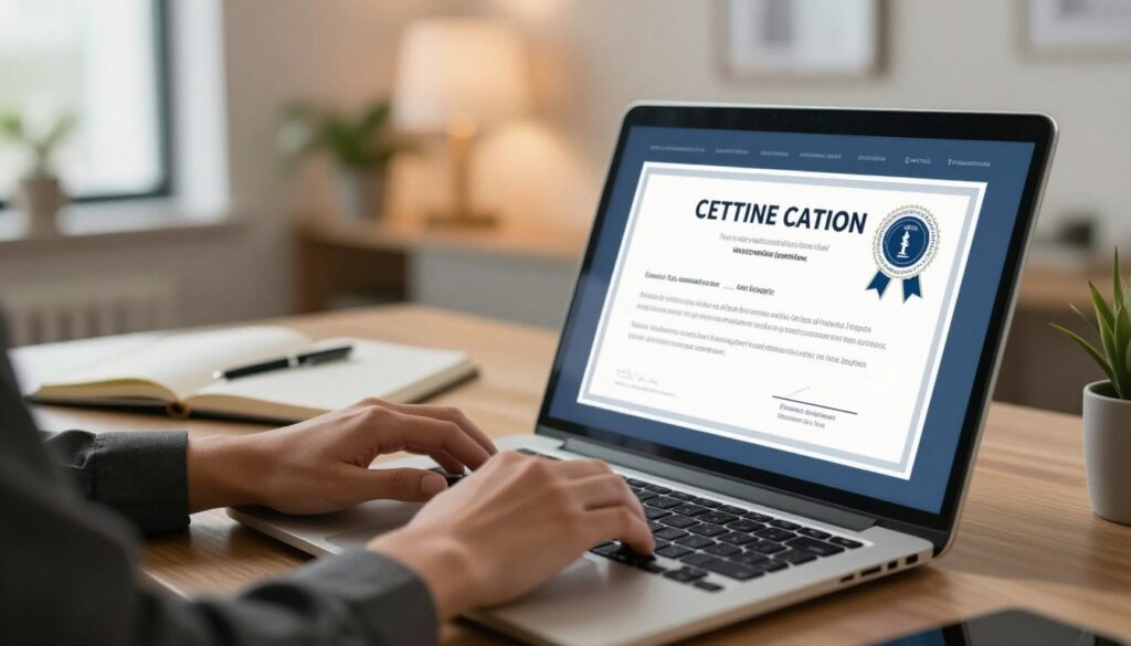 A close-up view of a laptop displaying a transparent overlay of certificates symbolizing accredited online courses. In the foreground, a person's hands, dressed in professional business attire, are typing on the laptop, symbolizing engagement with the online learning environment. The middle ground includes a softly focused desk with study materials, including an open notebook and a pen, suggesting active learning. In the background, a calming and modern study space is featured, adorned with plants and ambient light streaming from a nearby window, creating a serene atmosphere. The overall lighting is warm and inviting, evoking a sense of professionalism and focus, perfect for the theme of accreditation and credibility in online education.