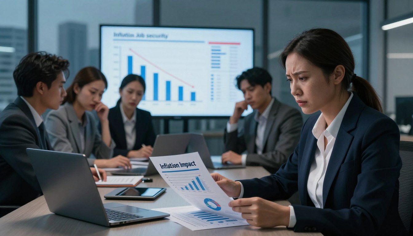 A corporate office environment depicting the effects of inflation on employment and wages. In the foreground, a concerned businesswoman in professional attire examines a report titled "Inflation Impact" at her desk, with charts showing rising costs. In the middle, a group of employees engaged in discussion, looking worried, surrounded by graphs of declining job security and stagnating wages on a digital screen behind them. The background features a city skyline through large windows, symbolizing the broader economic landscape. The lighting is dim but focused, casting a serious tone, with shadows emphasizing the uncertainty in their expressions. The mood is tense yet hopeful, conveying the contrast between challenges and opportunities in the job market.