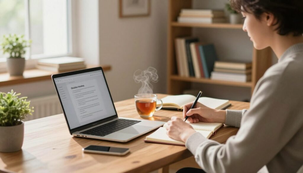 A cozy, inviting study environment designed for online learning completion tips, featuring a wooden desk with a laptop, open notebooks, and a steaming cup of tea. In the foreground, a well-dressed individual in casual business attire sits focused on the screen, taking notes. The middle ground includes bookshelves with neatly arranged books and a small plant for a touch of greenery. The background has a softly lit window with natural light filtering in, casting a warm glow across the room. The atmosphere is calm and motivating, perfect for sustaining long study sessions, with a hint of organization and comfort to inspire productivity. The image is bright and airy, creating an encouraging vibe suitable for effective learning.