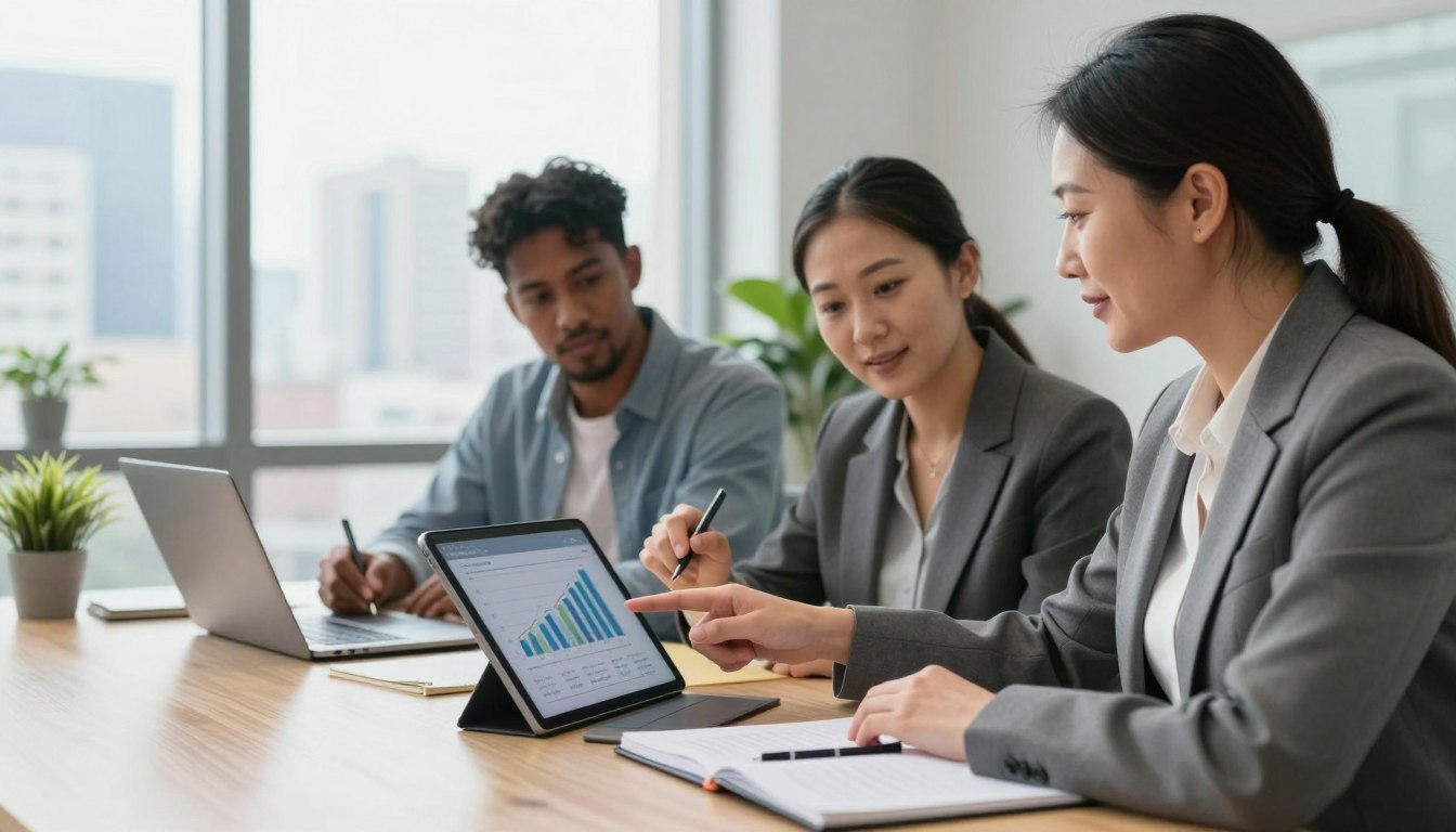 A diverse group of three professionals in a modern office setting, collaborating around a large table with laptops and open notebooks. In the foreground, a middle-aged woman of Asian descent, wearing a smart blazer, is pointing at a digital tablet displaying career graphs. Next to her, a young Black man in business casual attire is taking notes, showing engagement. In the background, a large window reveals a city skyline under bright, balanced lighting that conveys a sense of optimism. The mood is focused and productive, reflecting a strategic discussion on building sustainable careers. The camera angle is slightly elevated, providing a clear view of the teamwork and collaboration. Subtle greenery from potted plants adds a touch of calmness to the professional atmosphere.