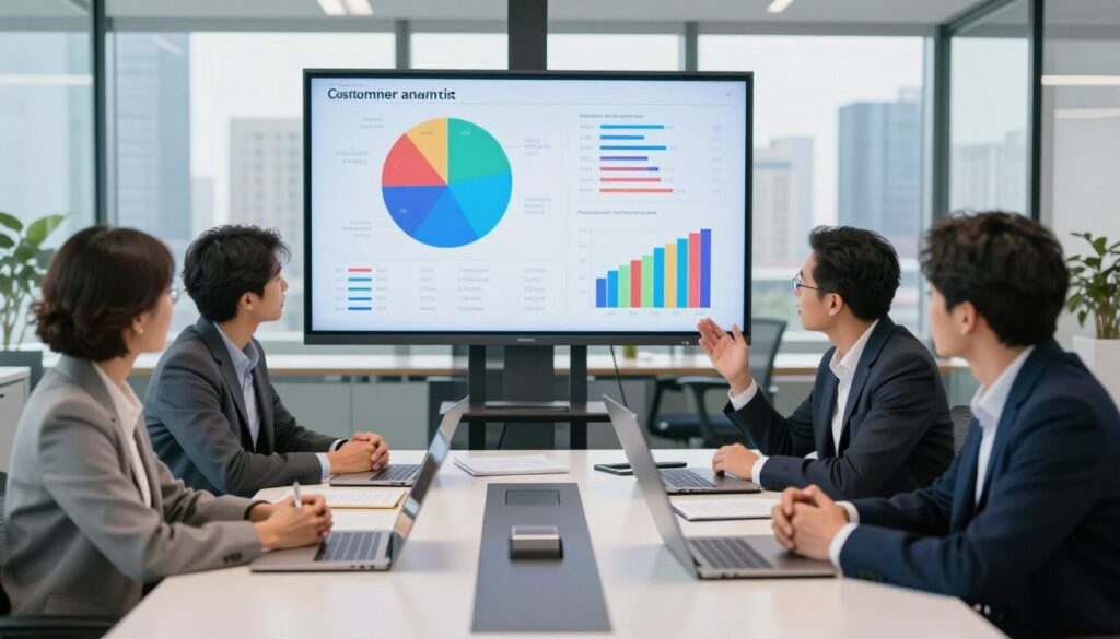 A dynamic and informative scene depicting customer segment analysis in a modern office setting. In the foreground, a diverse group of four professionals, dressed in business attire, is engaged in a focused discussion around a large digital screen showcasing vibrant pie charts, graphs, and segmented data visualizations. In the middle, a sleek, contemporary conference table littered with notepads and laptops indicates active brainstorming. The background features a glass wall with city skyline views, allowing natural light to flood the room, enhancing a productive atmosphere. The lighting is bright and energizing, capturing the essence of teamwork and strategy. Aim for a sharp, slightly elevated angle to encompass both the group’s engagement and the detailed data representation, conveying a sense of collaboration and insight in market segmentation.