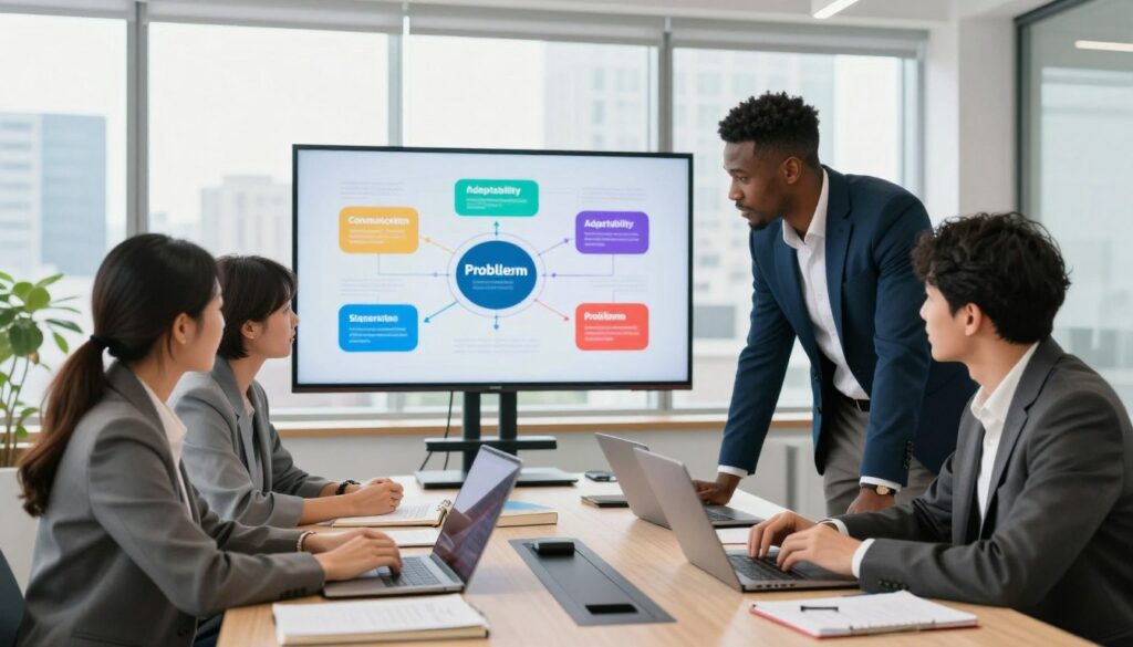 A dynamic and visually engaging workspace illustrating versatile career skills through continuous learning. In the foreground, a diverse group of four professionals, including a woman of Asian descent, a Black man, a Caucasian woman, and a Hispanic man, dressed in smart business attire, collaborate around a modern conference table filled with gadgets, books, and digital devices. In the middle, a large digital screen displays vibrant infographics showcasing skills like communication, adaptability, and problem-solving. In the background, a bright, well-lit office environment with large windows provides a view of a city skyline, emphasizing a blend of professionalism and modernity. Soft, natural lighting enhances the atmosphere, inspiring a sense of motivation and growth. The angle captures a broad view of the scene, highlighting teamwork and engagement in learning. A dynamic and visually engaging workspace illustrating versatile career skills through continuous learning. In the foreground, a diverse group of four professionals, including a woman of Asian descent, a Black man, a Caucasian woman, and a Hispanic man, dressed in smart business attire, collaborate around a modern conference table filled with gadgets, books, and digital devices. In the middle, a large digital screen displays vibrant infographics showcasing skills like communication, adaptability, and problem-solving. In the background, a bright, well-lit office environment with large windows provides a view of a city skyline, emphasizing a blend of professionalism and modernity. Soft, natural lighting enhances the atmosphere, inspiring a sense of motivation and growth. The angle captures a broad view of the scene, highlighting teamwork and engagement in learning.