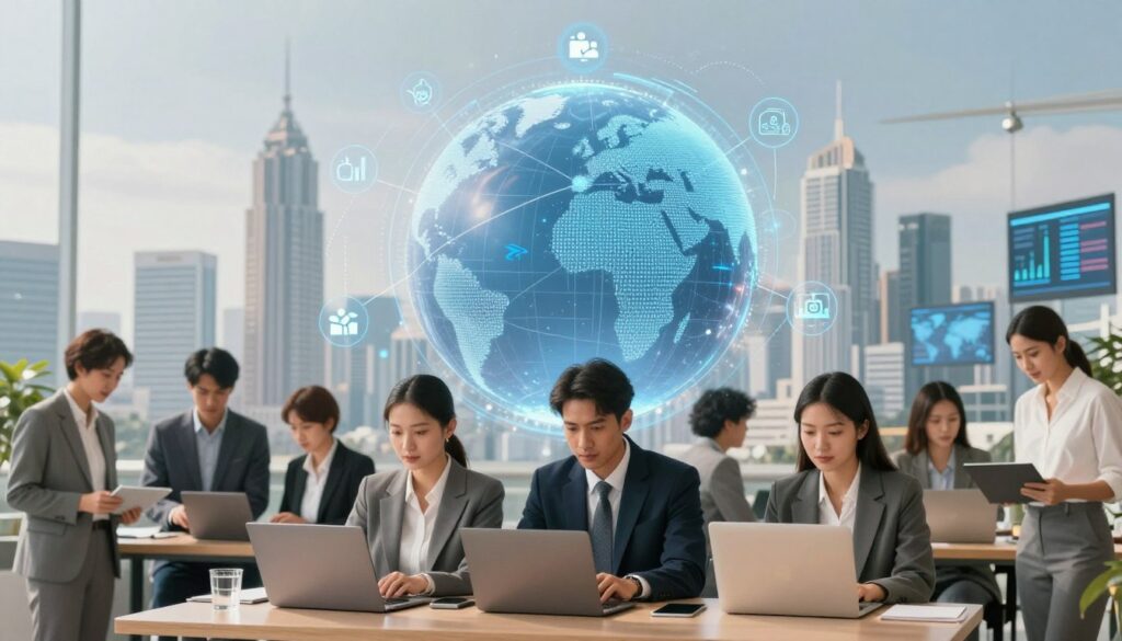 A dynamic and visually striking representation of emerging global workforce trends. In the foreground, a diverse group of professionals in smart business attire engaged in collaborative tasks, using laptops and digital devices. In the middle ground, a digital globe surrounded by symbolic icons representing various industries such as technology, healthcare, and finance, illustrating interconnected job markets. In the background, a modern city skyline with interconnected buildings and digital screens displaying data analytics and global trends. Soft, natural lighting illuminates the scene, creating an optimistic atmosphere. A wide-angle perspective captures the essence of globalization's impact on employment, with a focus on innovation and collaboration.