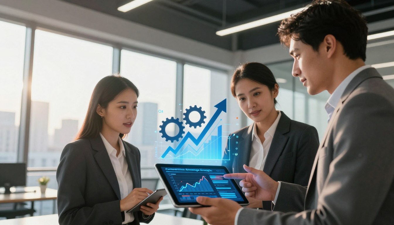 A dynamic business environment illustrating "Competitive Advantage Strategies." In the foreground, a diverse team of three professionals in smart business attire, engaged in an intense strategic discussion around a digital tablet displaying graphs and market analysis. The middle layer shows an abstract representation of market trends and competition, visualized as an upward arrow and interconnecting gears symbolizing growth and innovation. The background features a sleek modern office with a large window revealing a city skyline bathed in warm morning light, creating an optimistic atmosphere. The lighting is bright and focused on the team, with a soft glow enhancing the mood of collaboration and determination. The angle captures the action from a slight low viewpoint, emphasizing the team's engagement and the significance of their strategies.