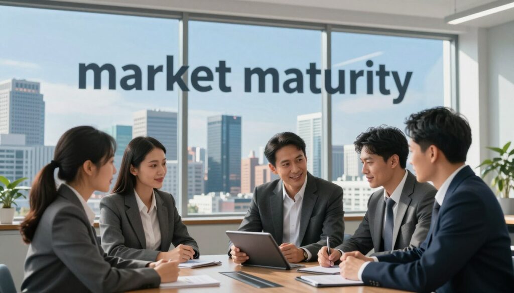 A dynamic business landscape illustrating the concept of "market maturity." In the foreground, a diverse group of three professionals in business attire—two men and one woman—are engaged in a lively discussion, analyzing market trends on a tablet. The middle-ground features a modern conference room with a large glass window overlooking a bustling cityscape, showcasing established companies and skyscrapers, representing stability and growth. The background portrays a clear blue sky and a horizon filled with thriving businesses, signifying continuity in the market. Soft, natural lighting streams through the window, creating an inviting and productive atmosphere. The overall mood is optimistic and collaborative, perfect for illustrating a period of market maturity.