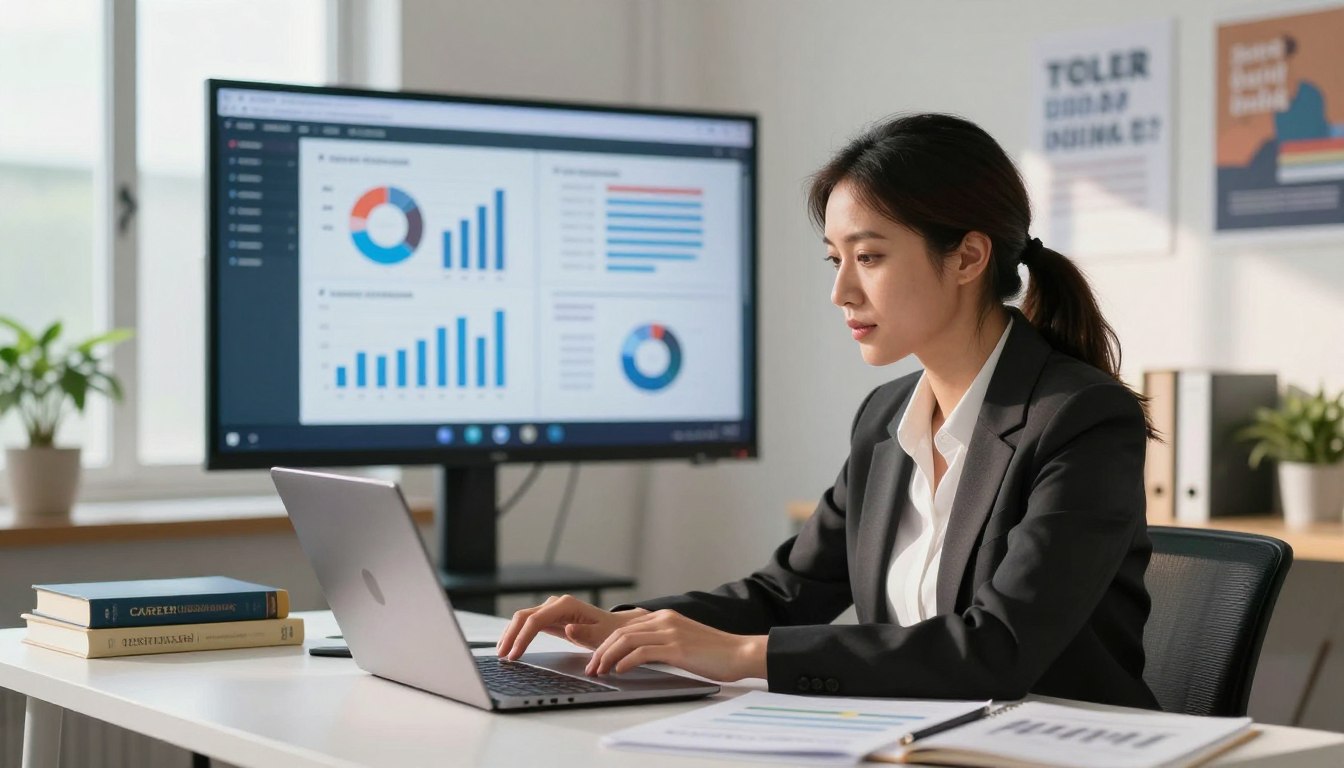 A dynamic scene illustrating career upskilling, featuring a professional woman in business attire, actively engaging in a virtual training session on a laptop. In the foreground, she is seated at a modern desk, surrounded by books and educational materials, with a focused expression. The middle ground shows a large screen displaying graphs and skill-building modules, emphasizing digital learning. The background includes a bright, well-lit office space with motivational posters and plants, creating an inspiring atmosphere. Soft natural light streams through a window, casting gentle shadows, while the camera angle captures both the subject and her digital learning environment, conveying an atmosphere of growth and ambition.