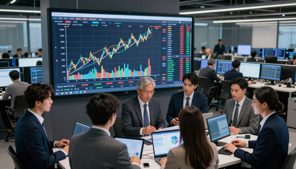 A dynamic stock market scene capturing the concept of market equilibrium. In the foreground, a diverse group of business professionals in business attire are engaged in a lively discussion, analyzing charts and graphs on digital devices. The middle layer features a large digital display board with fluctuating price lines and demand-supply curves, illustrating the balance of buyers and sellers. The background showcases a modern financial trading room filled with screens displaying real-time market data and bustling traders focused on their tasks. Gentle overhead lighting casts a bright yet professional atmosphere, highlighting a sense of urgency and collaboration. The angle is slightly elevated, offering a comprehensive view of this strategic environment, evoking a feeling of energy and precision in achieving market equilibrium.
