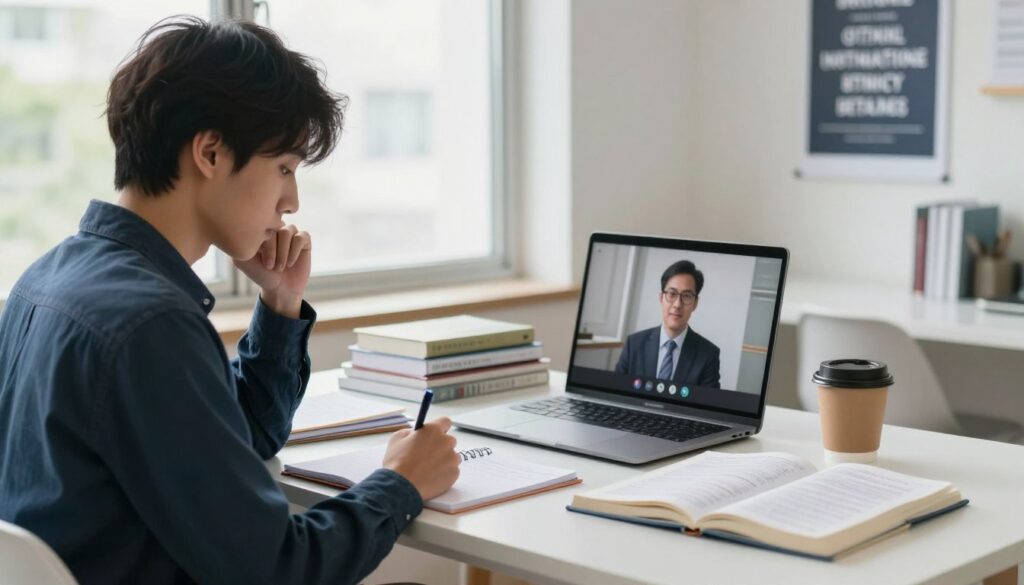 A focused student sitting at a neatly organized desk in a bright, well-lit room. The foreground features the student, a young adult wearing smart casual clothing, writing notes on a planner while looking thoughtfully at a laptop displaying a video call with a professor. In the middle, various study materials, including textbooks and a coffee cup, are arranged neatly to create a productive atmosphere. The background showcases a large window with natural light illuminating the space, and a motivational poster on the wall emphasizing time management. The mood is calm yet motivational, evoking a sense of balance and professionalism in academics and work. Capture the scene from a slight angle to enhance depth, with soft focus on the background for a serene effect. A focused student sitting at a neatly organized desk in a bright, well-lit room. The foreground features the student, a young adult wearing smart casual clothing, writing notes on a planner while looking thoughtfully at a laptop displaying a video call with a professor. In the middle, various study materials, including textbooks and a coffee cup, are arranged neatly to create a productive atmosphere. The background showcases a large window with natural light illuminating the space, and a motivational poster on the wall emphasizing time management. The mood is calm yet motivational, evoking a sense of balance and professionalism in academics and work. Capture the scene from a slight angle to enhance depth, with soft focus on the background for a serene effect.
