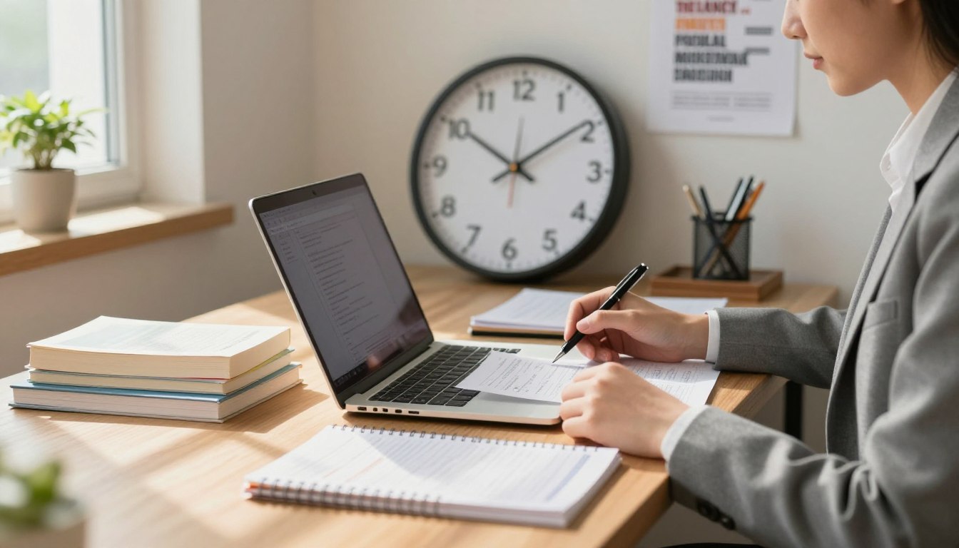 A focused study desk in the foreground, featuring a neatly organized laptop, textbooks, and a planner filled with schedules and notes. A calm individual, dressed in professional business attire, reviews materials on the laptop, with one hand holding a pen. In the middle ground, a large wall clock signifies the importance of time, with the hands moving rapidly, illustrating the passage of time. The background shows a soft-lit study environment with motivational posters and greenery, creating a serene yet productive atmosphere. Warm natural light streams in through a window, casting gentle shadows and enhancing focus. The mood is organized and purposeful, emphasizing effective time management for learning amidst a busy lifestyle.