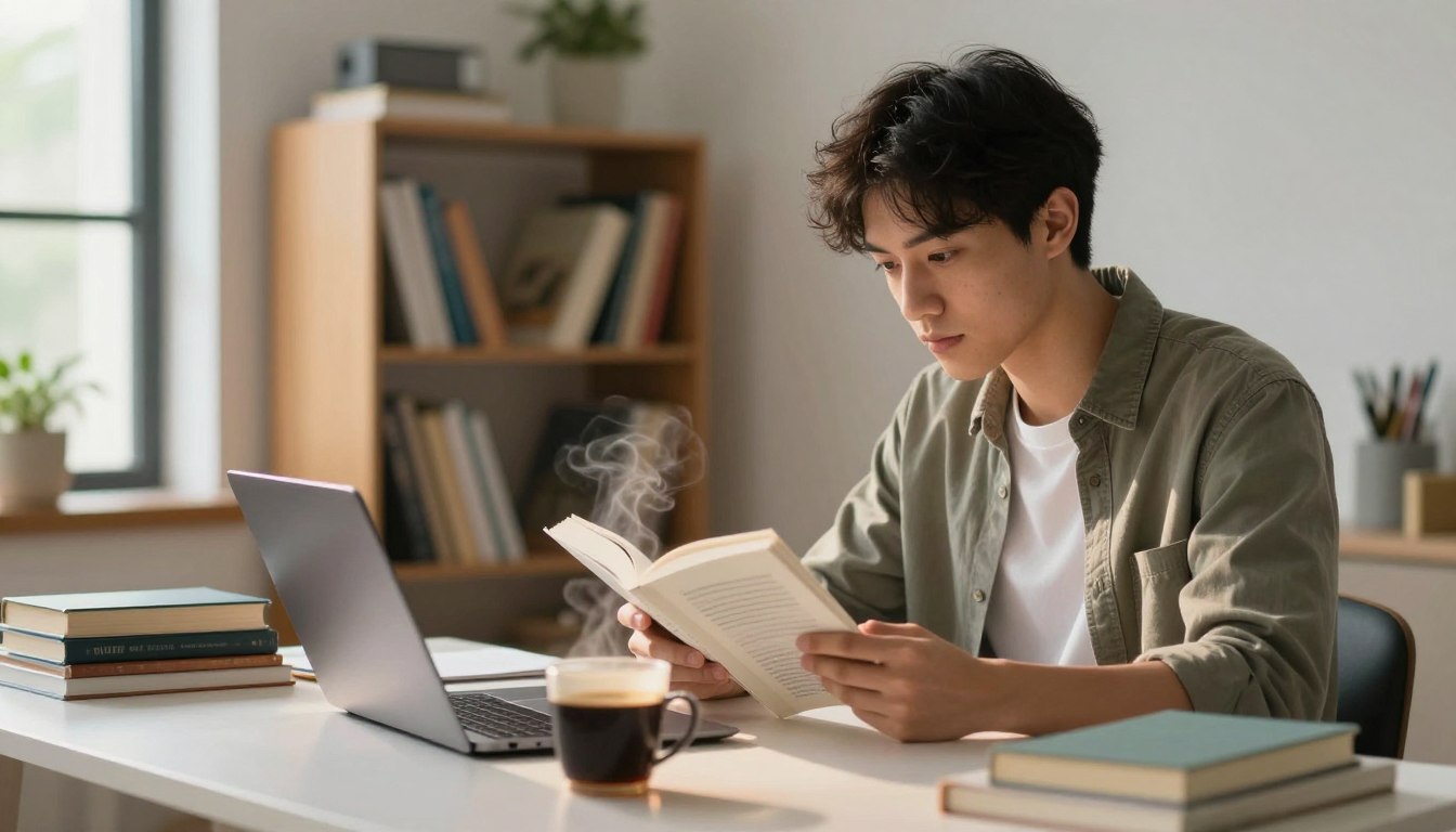 A focused young adult is seated at a modern desk, surrounded by books and digital devices, embodying the concept of self-directed study. In the foreground, the individual is immersed in reading an open textbook, wearing smart casual attire. A laptop is open beside a steaming cup of coffee, casting a warm glow. In the middle ground, a well-organized shelf filled with various educational materials highlights the learning environment. The background features a softly lit room with a large window, allowing natural light to filter in, creating an inviting atmosphere. The overall mood is one of concentration and motivation, with subtle hints of greenery visible outside, symbolizing growth and learning.