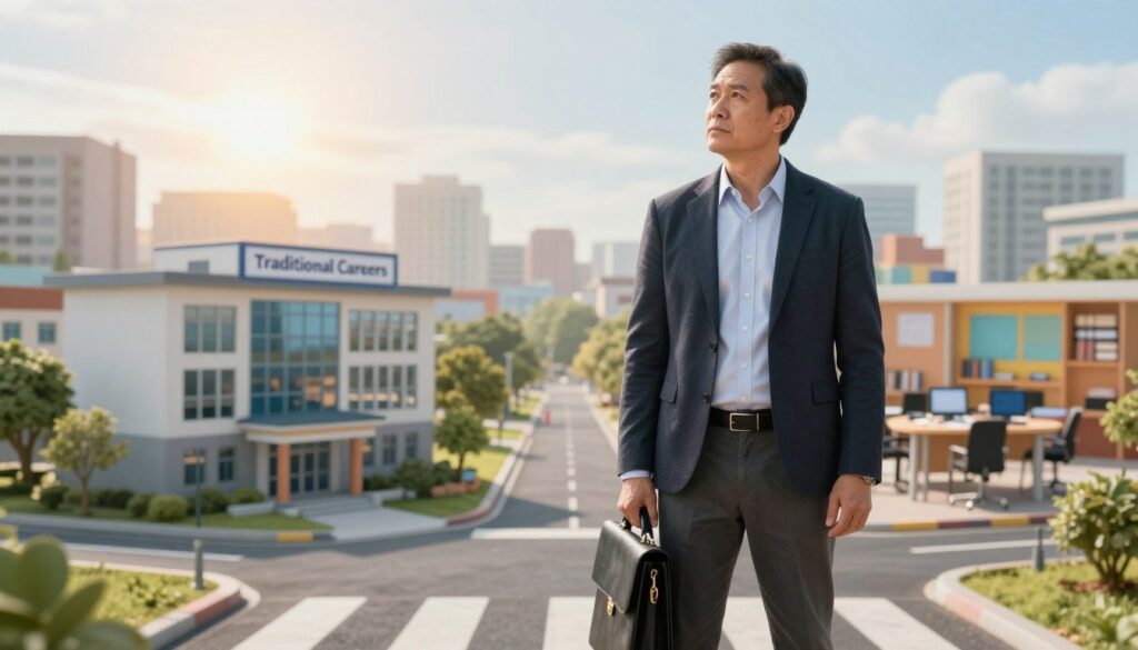 A middle-aged person standing at a crossroads, looking thoughtful and contemplative. In the foreground, depict a man in a smart casual outfit, holding a briefcase, with a look of determination on his face. In the middle, an intersection with one path leading to an office building symbolizing traditional careers and another leading towards a vibrant classroom filled with books and technology, representing new skills and learning opportunities. The background is a soft-focus cityscape under a bright, hopeful sky, with warm lighting illuminating the scene. The atmosphere should convey a sense of optimism and motivation, emphasizing the idea of new beginnings and the courage to embrace change after 40.