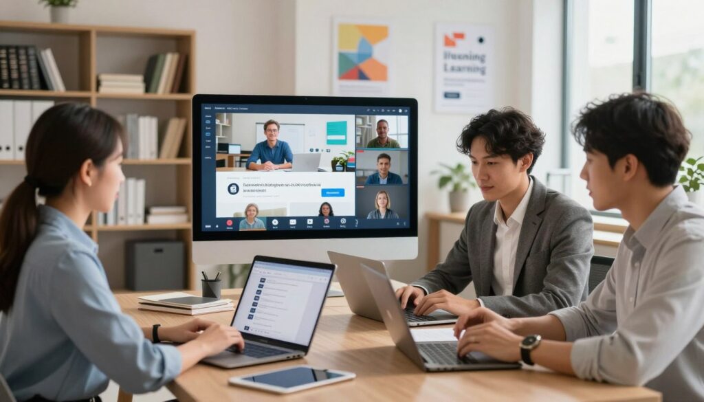 A modern digital workspace showcasing various digital platforms dedicated to skill acquisition and lifelong learning. In the foreground, a diverse group of three professionals, one woman and two men, are actively engaged in online courses, using laptops and tablets. They are dressed in smart business casual attire, deeply focused on their screens. In the middle, a large digital screen displays virtual classrooms and skill development courses. Background elements include a soft-focus modern office environment with bookshelves filled with educational materials and inspirational posters about learning. Warm, natural lighting filters through large windows, creating an inviting and motivating atmosphere. The overall mood is one of collaboration and intellectual growth, emphasizing the importance of digital learning in a dynamic economy.