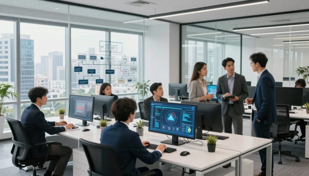A modern office environment symbolizes operational efficiency, featuring a sleek, minimalist design with high-tech workstations. In the foreground, diverse professionals in smart business attire engage in collaborative discussions around a digital interface, showcasing productivity and teamwork. The middle ground displays transparent glass walls and flowcharts illustrating process optimization, emphasizing a sense of connectivity and clarity. In the background, large windows offer a panoramic view of a bustling cityscape under bright, natural lighting, enhancing the feeling of openness and motivation. The angle captures the energy of innovation while maintaining a professional atmosphere. The overall mood is dynamic and focused, reflecting the drive for market dominance through superior operational efficiency.