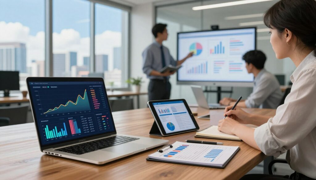 A modern office workspace illustrating various market intelligence tools. In the foreground, a sleek laptop with a colorful data visualization dashboard displaying trends and analytics. Next to it, a tablet shows market research reports, all on a polished wooden desk. In the middle ground, a professional in business attire examines charts projected on a screen, while another colleague takes notes, emphasizing collaboration. The background features large windows revealing a city skyline under a bright blue sky, allowing natural light to flood the room. The atmosphere is vibrant and focused, highlighting the dynamic nature of market analysis. Employ a soft, professional color palette with warm lighting to create an inviting yet productive mood.