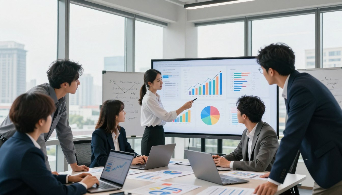 A modern, sleek office setting serves as the foreground, featuring a diverse group of professionals—two men and one woman—dressed in business attire, analyzing colorful graphs and charts projected on a large screen. The middle section showcases a large whiteboard filled with handwritten notes and diagrams about market trends. In the background, large windows provide a panoramic city view, allowing soft sunlight to illuminate the room, creating a bright and optimistic atmosphere. The professionals are engaged in discussion, leaning over a table with laptops and market analysis reports spread out, reflecting collaboration and strategic thinking. The mood is focused and dynamic, capturing the essence of teamwork and informed decision-making in a corporate environment.