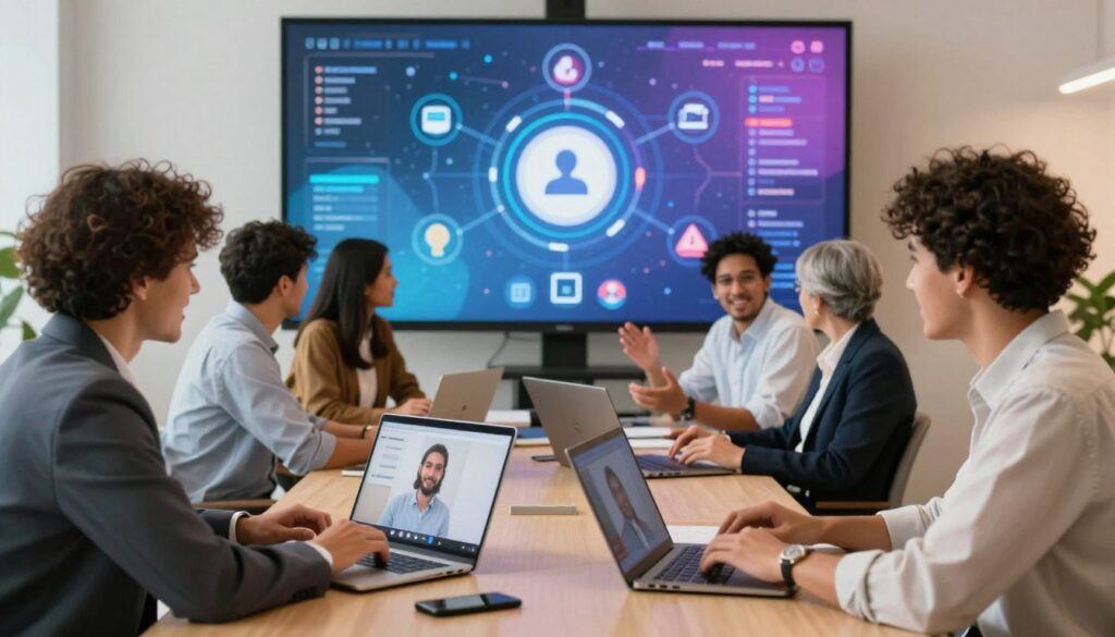 A modern, virtual learning environment depicting diverse professionals engaging in networking opportunities. In the foreground, two individuals of different ethnicities, dressed in professional business attire, are video conferencing on laptops while exchanging ideas with enthusiasm. In the middle ground, small groups of four to five people are participating in a virtual breakout session, attentively listening and sharing insights, creating a collaborative atmosphere. In the background, a large digital screen displays a vibrant virtual conference interface, featuring interconnected icons representing networking platforms. The lighting is bright and inviting, with a warm color palette that conveys a sense of connection and innovation. The scene captures the dynamic energy and potential of online networking, encapsulating the essence of career growth in a digital world.