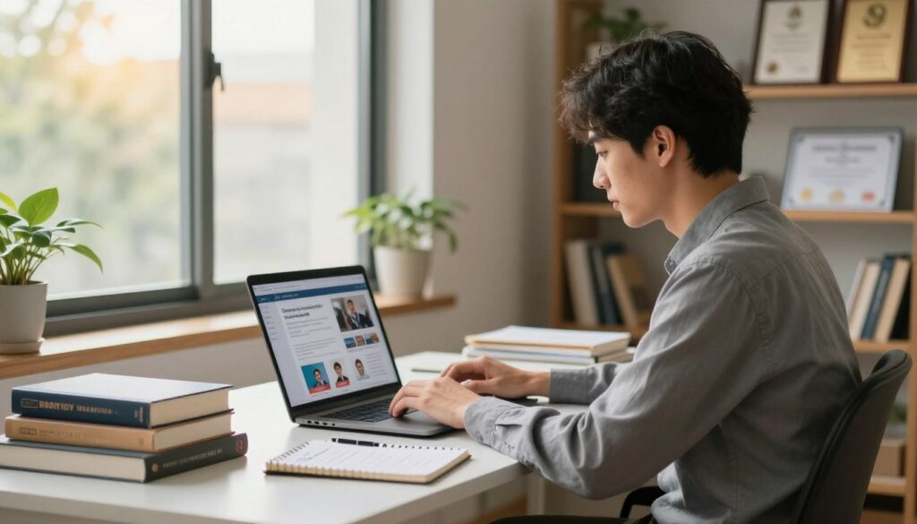 A professional individual seated at a modern desk, focused on a laptop displaying online courses and skills training modules. In the foreground, a stack of textbooks and a notebook filled with notes emphasize the theme of upskilling. In the middle, a large window allows warm, natural light to flood the scene, highlighting a motivating workspace adorned with plants. The background features shelves filled with accolades and certificates, symbolizing achievement and growth. This composition conveys a sense of determination and ambition, with a calm yet inspiring atmosphere. The subject wears smart casual attire, embodying a modern professional look. The overall mood should be optimistic and empowering, inviting viewers to consider the importance of enhancing their skills in a competitive job market.