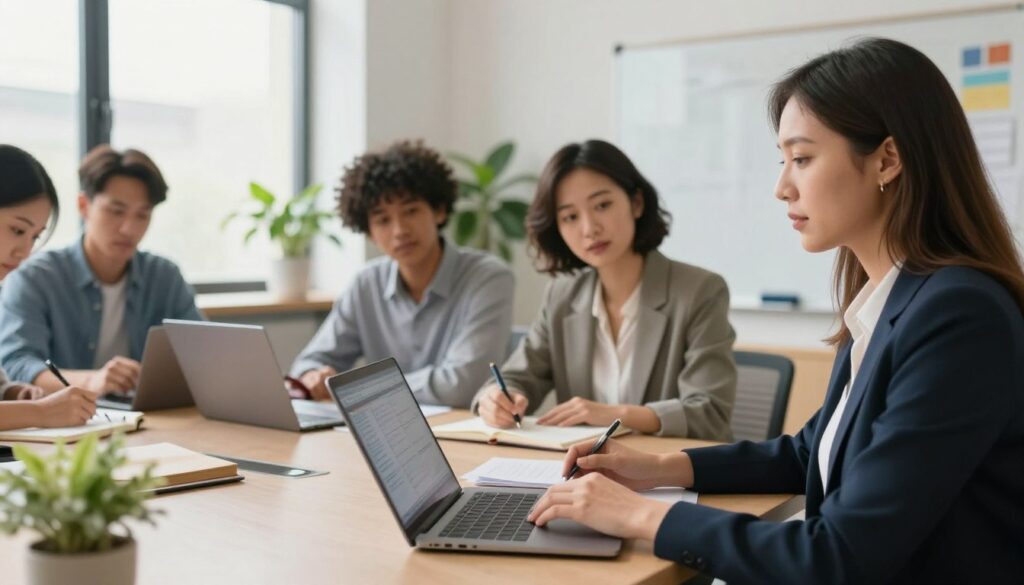 A professional office environment showcasing a diverse group of employees engaged in a collaborative upskilling session. In the foreground, a mid-30s woman with shoulder-length brown hair, dressed in smart business attire, is demonstrating a new software tool to her colleagues. In the middle ground, a group of three individuals of varying ethnicities attentively watch and take notes, reflecting engagement and learning. The background features large windows letting in natural light, illuminating a modern workspace with laptops, whiteboards, and vibrant plants, creating a warm, inviting atmosphere. The mood is focused and productive, emphasizing teamwork and continuous learning. Use a soft-focus lens effect to enhance the professional setting.