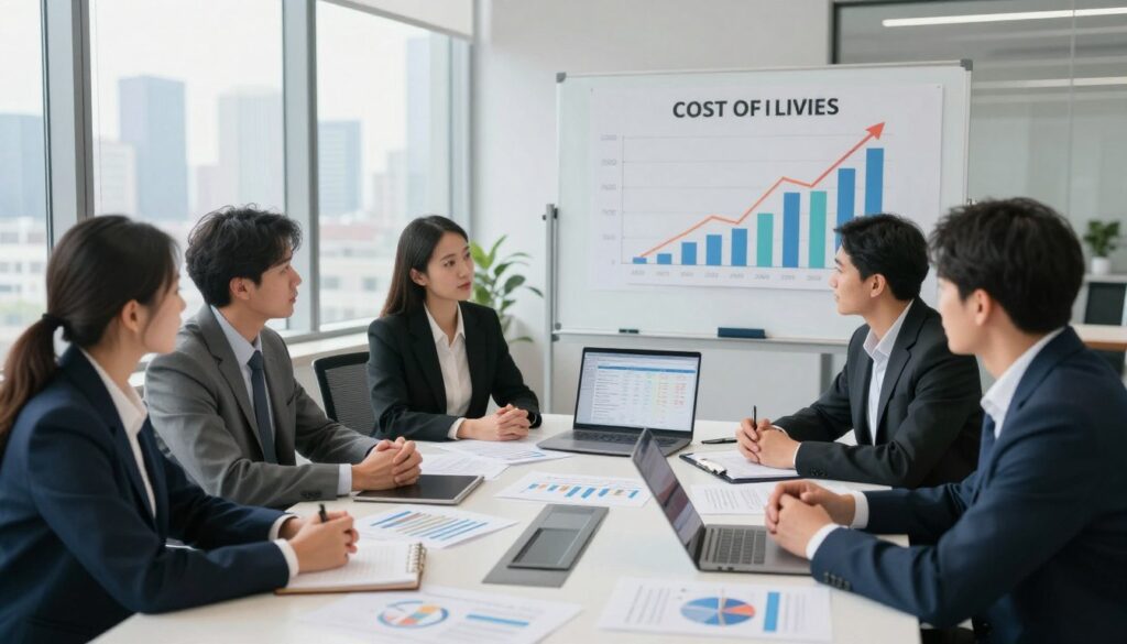 A professional office scene set in a sleek modern workspace. In the foreground, a diverse group of well-dressed individuals, both men and women in professional attire, engage in a thoughtful discussion around a large conference table scattered with documents and charts reflecting cost of living wages. In the middle ground, a large whiteboard displays colorful graphs depicting wages and inflation trends, while a laptop shows a spreadsheet. The background features large windows with a city skyline, bathed in soft, natural light, suggesting a bright future. The atmosphere is serious yet optimistic, symbolizing the importance of understanding financial stability through cost of living adjustments. The image should be captured with a slightly elevated angle to provide depth and clarity.