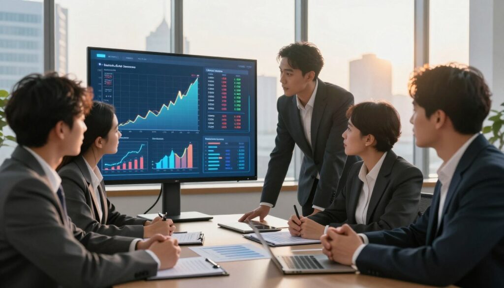 A professional office setting featuring an array of graphs and charts illustrating key economic metrics, such as GDP growth, inflation rates, and unemployment statistics. In the foreground, a diverse group of four business professionals, dressed in tailored suits and discussing the data, appears engaged and focused. The middle ground shows a digital screen displaying animated economic graphs and numerical indicators, glowing softly in a modern office. The background features a window overlooking a city skyline, with warm afternoon sunlight casting a golden hue across the room, creating an atmosphere of optimism and opportunity. The composition evokes a sense of urgency and analytical focus, captured with a slightly wide-angle perspective to enhance the spatial depth. A professional office setting featuring an array of graphs and charts illustrating key economic metrics, such as GDP growth, inflation rates, and unemployment statistics. In the foreground, a diverse group of four business professionals, dressed in tailored suits and discussing the data, appears engaged and focused. The middle ground shows a digital screen displaying animated economic graphs and numerical indicators, glowing softly in a modern office. The background features a window overlooking a city skyline, with warm afternoon sunlight casting a golden hue across the room, creating an atmosphere of optimism and opportunity. The composition evokes a sense of urgency and analytical focus, captured with a slightly wide-angle perspective to enhance the spatial depth.
