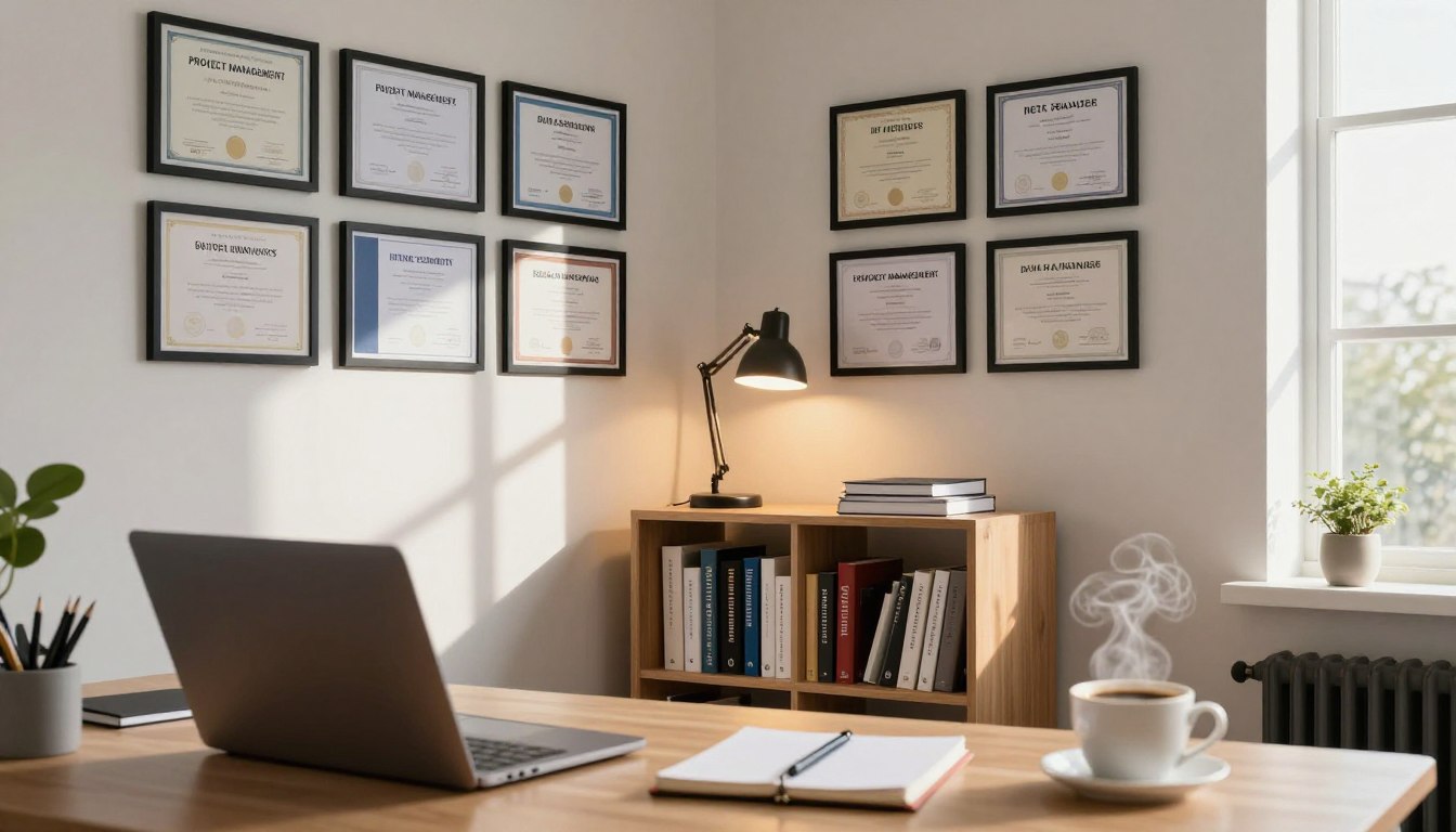 A professionally arranged workspace featuring a diverse collection of framed certificates and diplomas on the wall, showcasing various professional certifications like Project Management, IT Security, and Data Analysis. In the foreground, a well-organized desk with a laptop open, notepad, and a steaming cup of coffee conveys productivity. The middle ground highlights a standing bookshelf filled with industry-related books and materials. A softly lit ambiance emanates from a desk lamp, casting warm light over the scene, while natural sunlight filters through a nearby window, creating a welcoming atmosphere. The overall mood is inspiring and motivational, appealing to viewers looking to enhance their careers through certification.