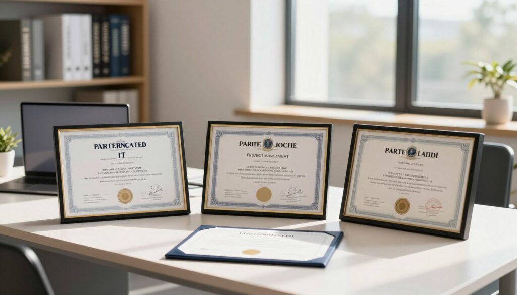 A serene office environment showcasing a modern desk with neatly arranged certifications in elegant frames. In the foreground, there are three prominently displayed certificates with intricate designs, symbolizing various fields such as IT, finance, and project management. The middle ground features a laptop and a coffee cup, suggesting productivity and professionalism. Natural light streams in from a large window, casting soft shadows and creating a warm, inviting atmosphere. In the background, a blurred bookshelf filled with professional development books implies ongoing learning and growth. The overall mood is aspirational and motivating, emphasizing the importance of balancing hands-on experience with formal certifications for career advancement.