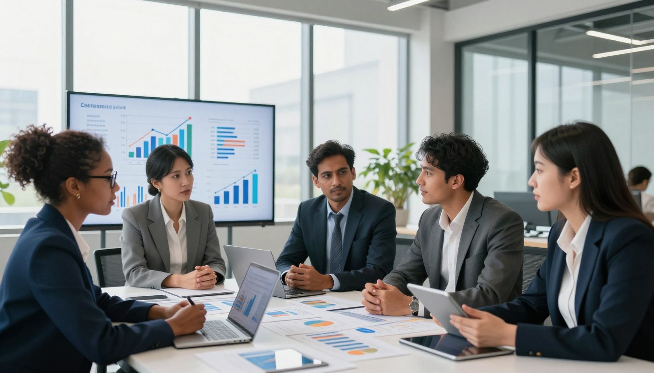A vibrant and dynamic office environment depicting the concept of economic literacy. In the foreground, a diverse group of professionals in business attire, including a Black woman with glasses, a South Asian man in a suit, and a Hispanic woman holding a tablet, are engaged in a collaborative discussion around a large table strewn with charts and graphs. In the middle ground, infographics of key economic indicators—such as GDP growth, inflation rates, and unemployment figures—are visually represented on digital screens. The background features a sleek modern office with floor-to-ceiling windows allowing natural light to flood the scene, casting soft shadows. The overall mood is focused and professional, emphasizing teamwork and the importance of understanding economic principles.