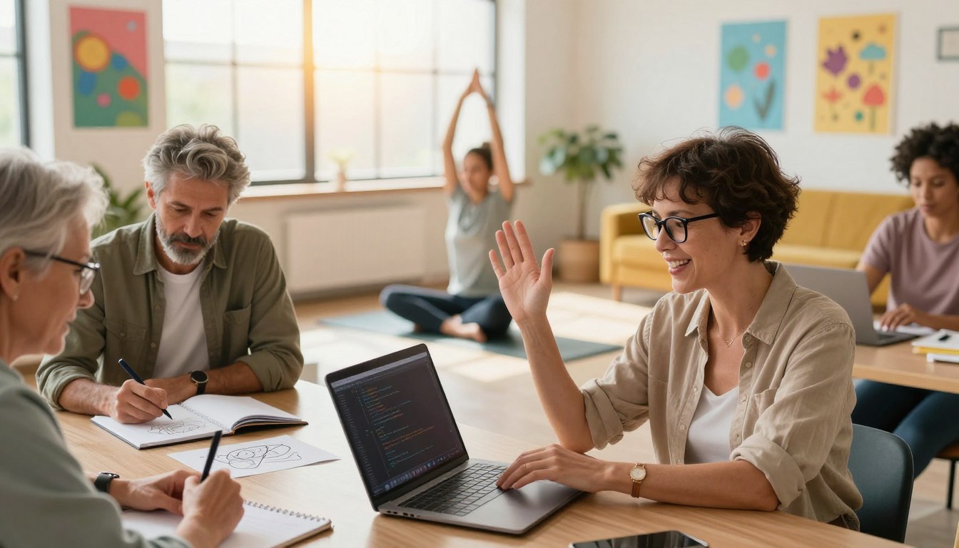 A vibrant and inspiring scene depicting a diverse group of adults aged 40 and above engaged in various skill-building activities in a modern classroom setting. In the foreground, a woman with glasses and a short hairstyle enthusiastically interacts with a laptop, demonstrating coding skills. To her left, a man with salt-and-pepper hair sketches on a notepad, possibly illustrating design concepts. In the background, sunlight filters through large windows, casting a warm glow over two people practicing yoga poses, creating a serene atmosphere. The environment is equipped with colorful posters and comfortable seating, emphasizing a collaborative and supportive learning space. The overall mood is uplifting and encouraging, showcasing the belief that it's never too late to learn and grow.