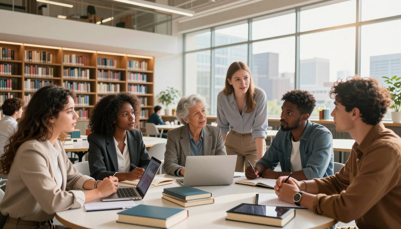 A vibrant and inspiring scene illustrating the importance of lifelong learning in today's economy. In the foreground, a diverse group of professionals, including a woman in a business suit and a man in smart casual attire, are gathered around a round table strewn with books, laptops, and digital tablets. Their faces show engagement and curiosity as they discuss ideas. The middle ground features a large, modern library with high ceilings and shelves filled with books, symbolizing knowledge. In the background, large windows let in warm, natural light, illuminating a city skyline, indicating opportunity and growth. The atmosphere is collaborative and forward-thinking, evoking a sense of empowerment through continuous education and skill development. The image is shot from a slightly elevated angle to capture the dynamic interaction of the group.
