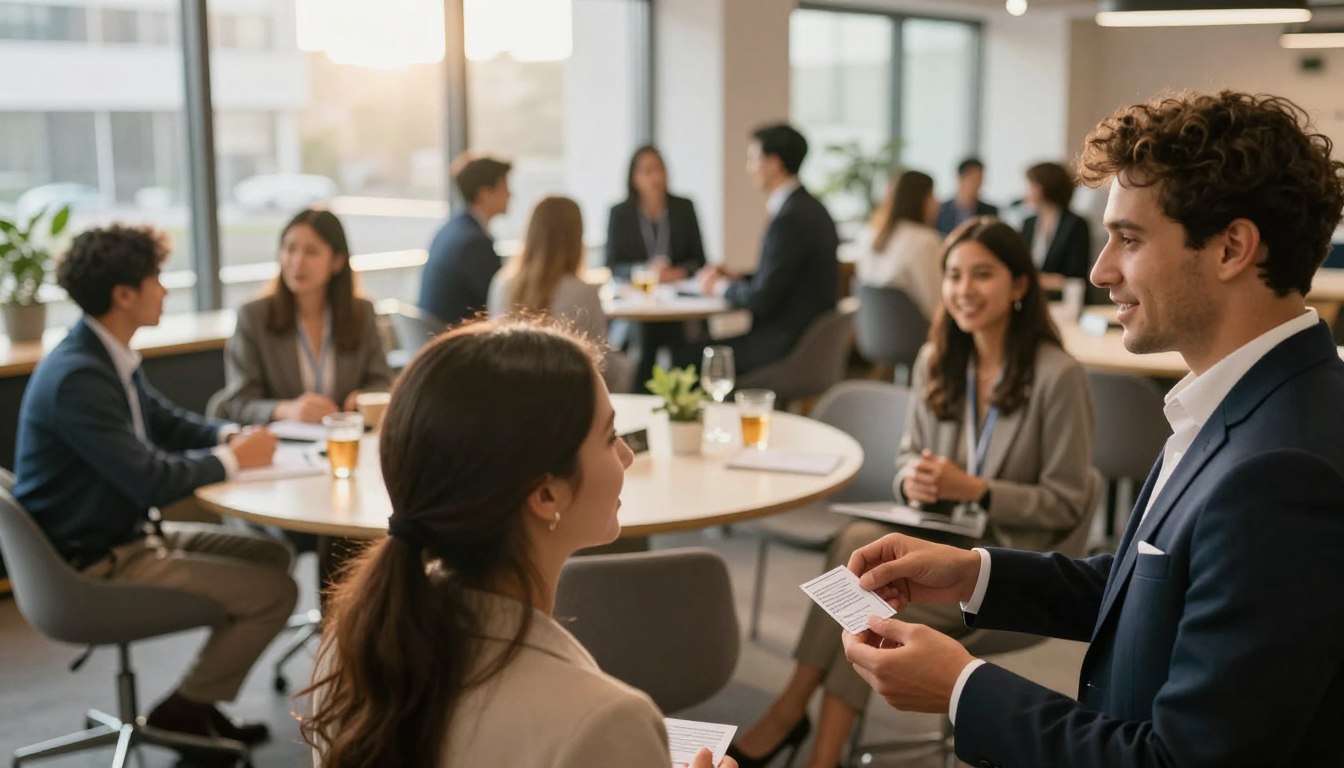 A vibrant networking event scene set in a modern office space. In the foreground, a diverse group of professionals in business attire engaging in lively discussions, with one person handing out a business card. In the middle, round tables with name tags and refreshments, showing people in animated conversations, fostering connections. The background features large windows letting in warm, natural light, creating a welcoming atmosphere. Soft-focus lights create a bokeh effect, adding depth. The mood is energetic and collaborative, emphasizing the importance of building professional relationships in a strategic, engaging manner. The angle is slightly elevated to capture the dynamic interaction across the space without any text or logos.
