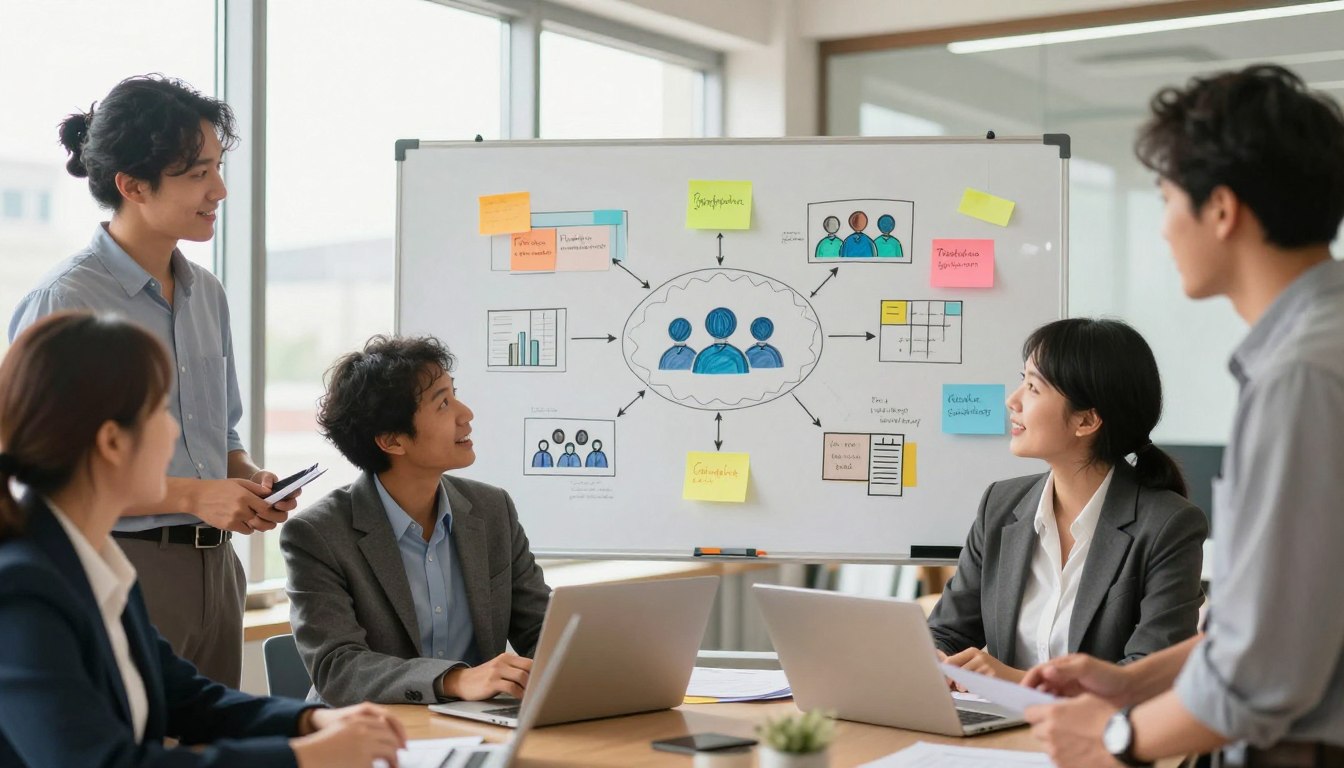 A vibrant scene depicting the concept of transferable skills development for career flexibility. In the foreground, a diverse group of individuals in professional business attire engage in collaborative activities, exchanging ideas and skills, with expressions of enthusiasm and focus. In the middle, a large whiteboard filled with colorful diagrams and notes illustrating various transferable skills, such as communication, problem-solving, and teamwork. The background features a modern office environment with large windows allowing natural light to flood the space, creating a sense of openness and positivity. The overall atmosphere is one of innovation and growth, evoking a feeling of empowerment and opportunity, captured with a warm color palette and soft focus for a professional yet inviting tone.