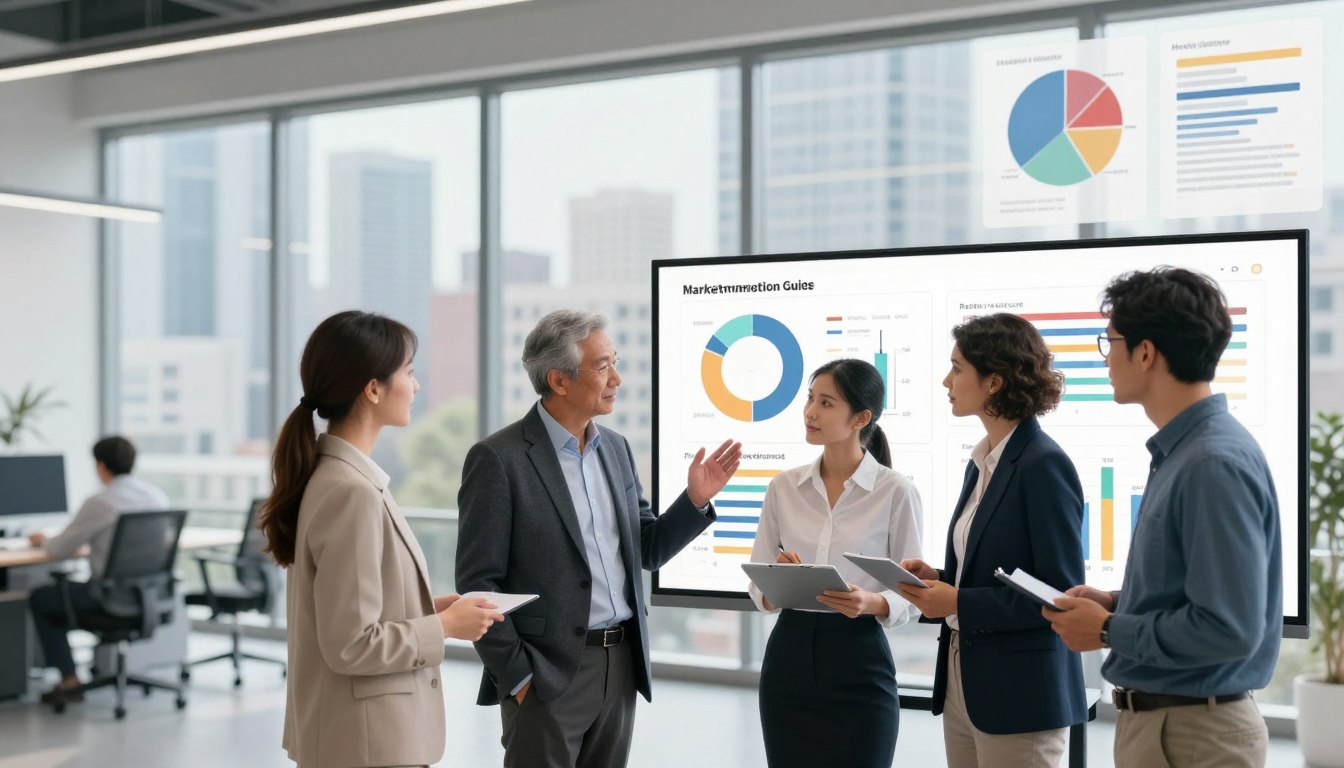 A visually engaging market segmentation guide illustration. In the foreground, depict a diverse group of four professionals in smart business attire analyzing segmented data on a large interactive screen, showing colorful charts and graphs. In the middle, create a modern office environment with sleek furniture and a large window overlooking a bustling cityscape, filled with soft natural light. In the background, add subtle hints of market research materials, such as documents and charts, emphasizing the theme of understanding target audiences. The mood should be collaborative and insightful, conveying a sense of teamwork and strategic planning in a professional setting, using a clear perspective that focuses on the professionals' enthusiastic expressions as they discuss insights.