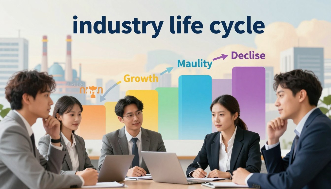 A visually engaging representation of the "industry life cycle" concept, featuring a vibrant illustration of four distinct phases: introduction, growth, maturity, and decline. In the foreground, depict professional individuals in business attire discussing strategies, with clear expressions of contemplation. The middle layer should showcase a stylized, colorful graph, illustrating the cyclical nature of these phases. In the background, create a cityscape reflecting industry, with factories and office buildings hinting at various sectors. Use soft, warm lighting to create an inviting atmosphere, employing a slight depth of field to focus on the professionals and the graph. The overall mood should be optimistic and forward-thinking, demonstrating the importance of understanding these cycles for career planning.