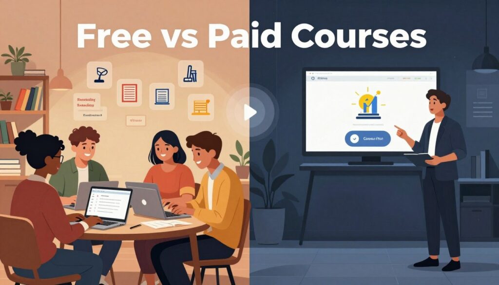 A visually striking split-image illustration depicting "Free vs Paid Courses." In the foreground, on the left side, a diverse group of students engaged in an online learning environment, happily interacting with their laptops, dressed in smart casual attire, surrounded by a cozy, well-lit study space filled with books and inspirational quotes. On the right side, a professional instructor presenting a polished online course, set in a sleek, modern studio with high-end technology. A subtle contrast in lighting emphasizes the vibrant, warm tones on the free side versus the cool, focusing ambiance on the paid course side. The background features floating icons representing educational tools, symbols of knowledge, and investment, creating a balanced yet distinct division between the two educational philosophies, evoking a thoughtful atmosphere about the value of education.