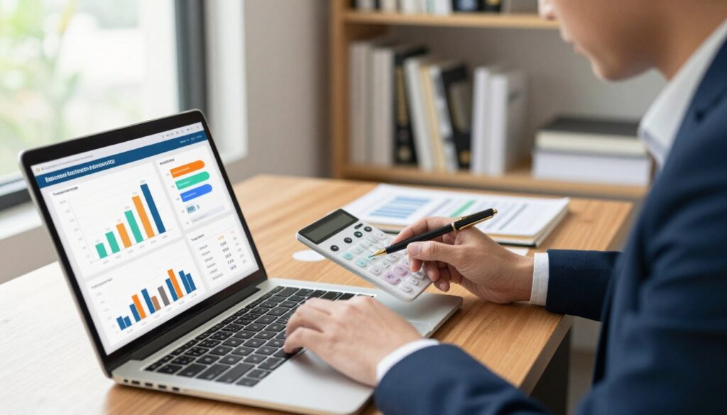 A well-organized workspace featuring a financial analyst calculating education ROI on a sleek laptop. In the foreground, a close-up of the laptop screen displays colorful graphs and statistics related to online courses, with highlighted ROI figures. The middle ground shows the analyst, dressed in professional business attire, intently focused on the calculations. In the background, there are shelves lined with books about finance and education, with a soft, diffused natural light pouring in through a window, creating a warm and inviting atmosphere. The scene is shot from a slightly elevated angle, emphasizing the juxtaposition of technology and learning in a modern educational context.